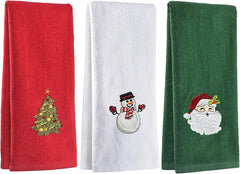 Set of 3 Hand Towels for Kitchen and Bathroom 12X18In Cotton Embroidered Dish Towels Christmas Theme Decorative Towels Gift (Red White Green, One Size)