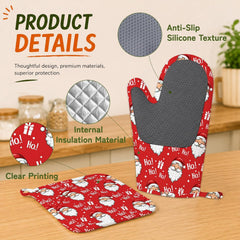 Santa Claus Oven Gloves Heat Resistant,Christmas Oven Mitts and Pot Holder Kitchen Non-Slip Silicone Cooking Microwave Gloves for Cooking Baking Grilling