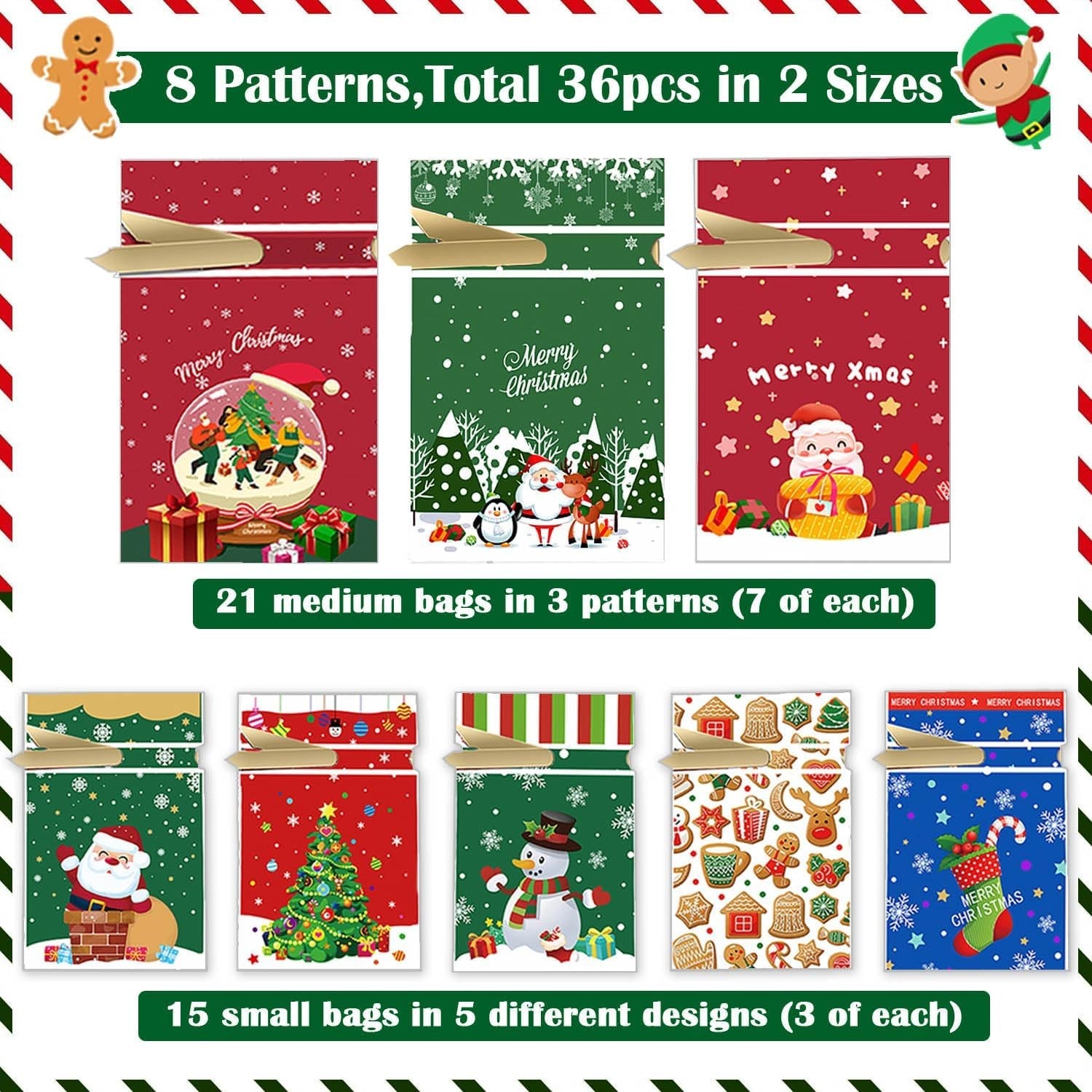 Christmas Drawstring Bags Set - 36 PCS Assorted Xmas Gift Bags in Multipack, Variety of Sizes & Patterns for Christmas Presents & Party