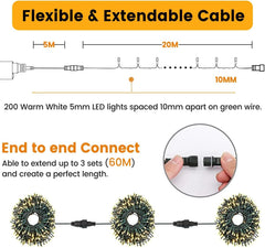 20M 200Leds Christmas Tree Lights on Dark Green Cable with Various Light Effects, Ideal for Christmas Tree,Xmas,Party,Wedding (Warm White)