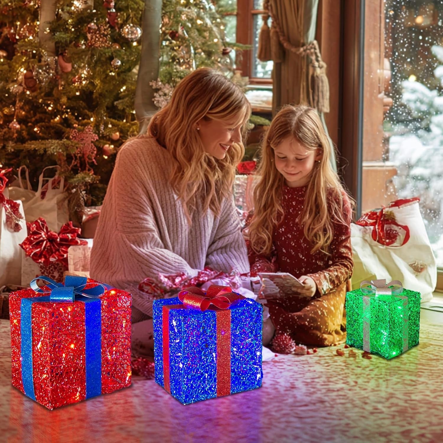 3PK Light up Boxes Multi-Colour LED Gift Box with Lights Plug in for Outdoor Christmas Decorations Gifts for Girls Kids Beloved