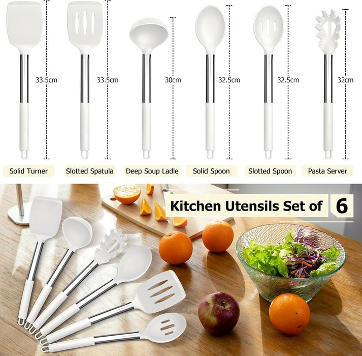 Kitchen Utensils Set, 6 Pcs Silicone White Cooking Utensils Include Ladle Turner Spoon Pasta Server, Heat Resistant Kitchen Tools with Stainless Steel Handle, Non-Stick Cookware Friendly