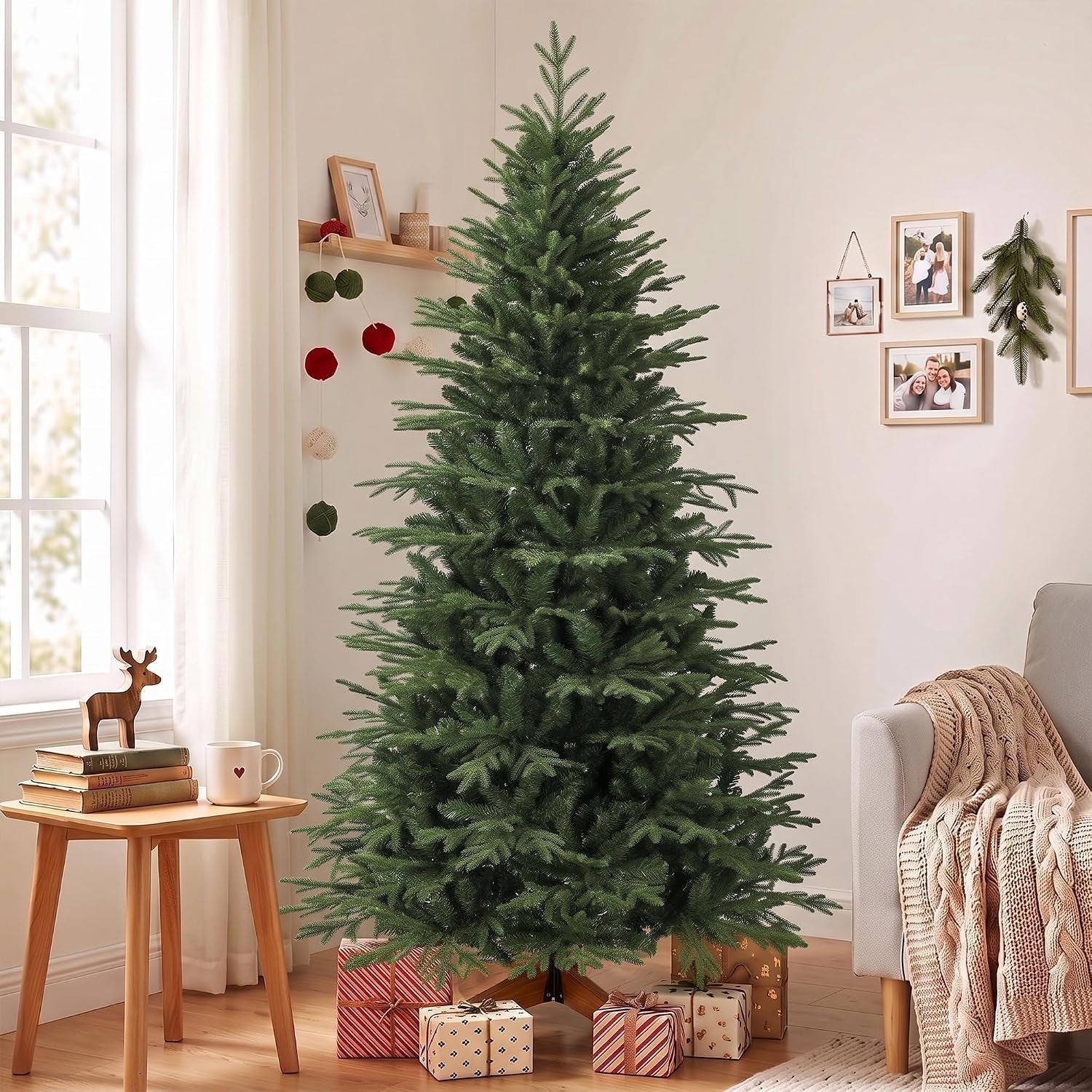 7Ft Artificial Christmas Tree Solid Pine Wood Stand, Green