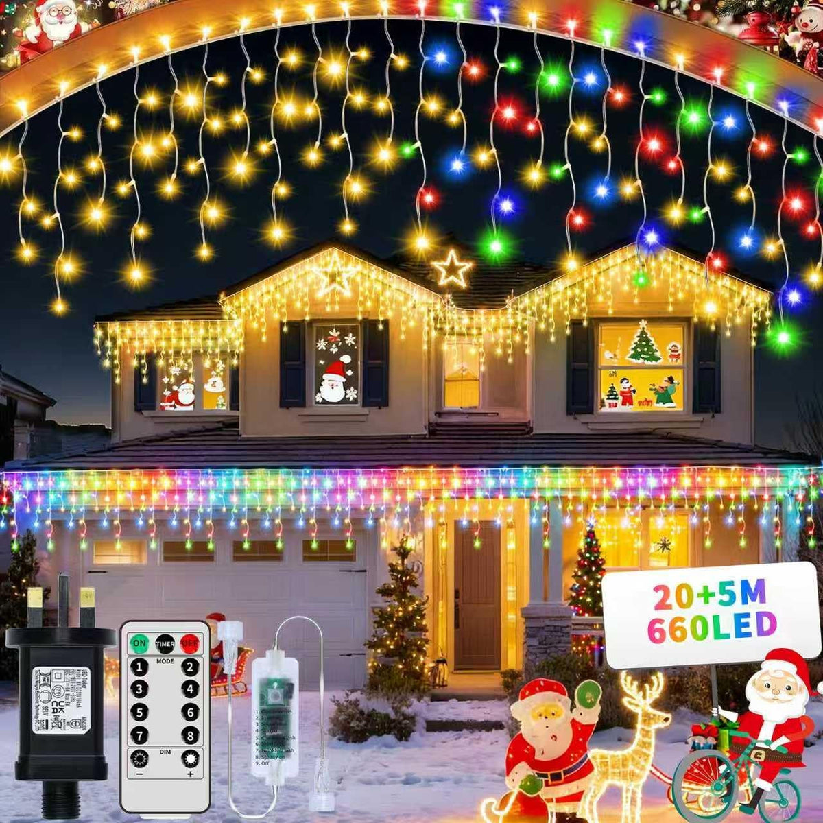 3 In1 Icicle Outdoor Christmas Lights, 20+5M/82Ft 660 LED Outdoor Fairy Light Plug In, Waterproof String Lights with 8 Modes and Dimmable for Porch, Deck, Garden, Backyard, Balcony Decorations