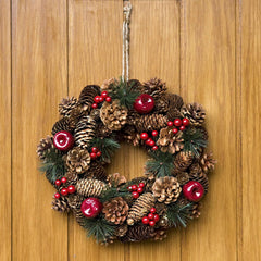 Christmas Hanging Wreath 32Cm- Festive Pine Cone Display with Red Berries, D1224