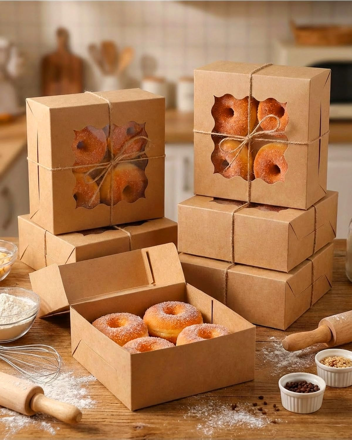 Brown Bakery Box with Window 15Pcs 15.2X15.2X7.6Cm Brown Cookie Boxes Pastry Box for Wedding Favor Birthday ＆ Party(6X6X3Inch)