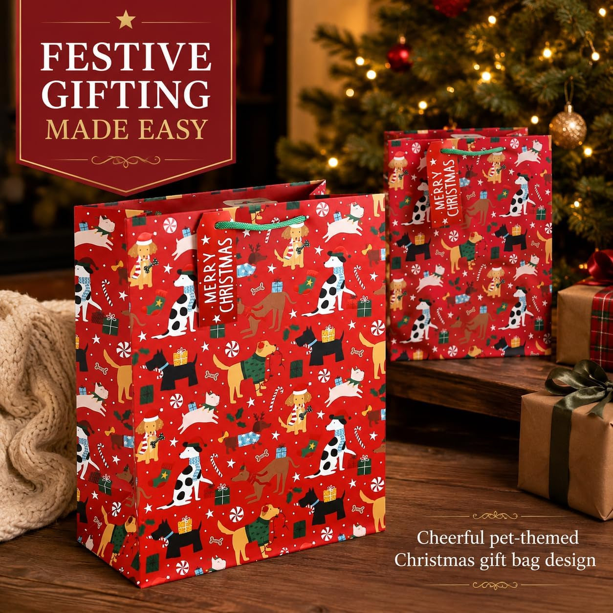 4 Pack of Christmas Dog Gift Bags with Handles, 2 Medium 26 X 15 X 33 Cm & 2 Small 21.5 X 10 X 25.3 Cm, Xmas Present Bags, Festive Gift Packaging for Family Friends Christmas Presents