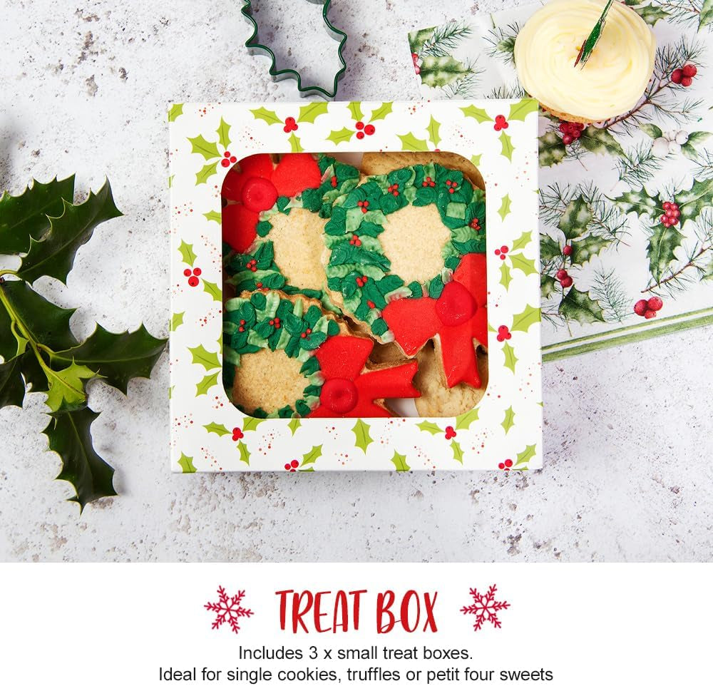 Christmas Cake Boxes with Holly Print - Recyclable Paper Packaging Boxes for Festive Baking, Gifting, Cookies, Brownies & Small Treats - 3-Pack, 3.8 X 11.4 X 11.4Cm