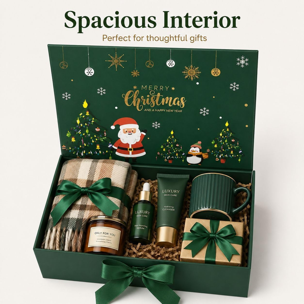 Luxury Magnetic Gift Box with Attached Lid & Ribbon – Foldable Reusable Holiday Packaging with Festive Designs (Green Santa Scene (Santa & Snowman with Christmas Tree), Medium)