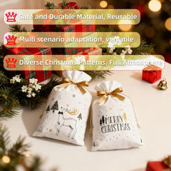 50 PCS Small Christmas Bags with Drawstring, Reusable Xmas Drawstring Gift Packaging Bags for Sweets, Cookies, and Treats, for Christmas, Parties, and Gift Wrapping Biscuits and Chocolates