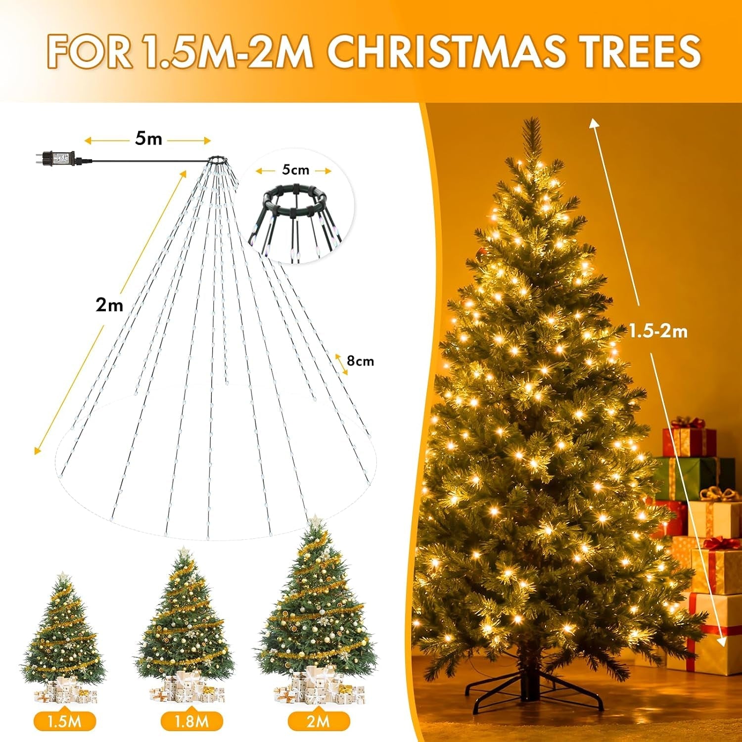 Christmas Tree Lights, 2M 12 Strands 300 LED Christmas Lights Indoor Outdoor with Remote/8 Modes/Timer/Dimmable, IP65 Waterproof Warm White Fairy String Lights for Xmas Tree Decor