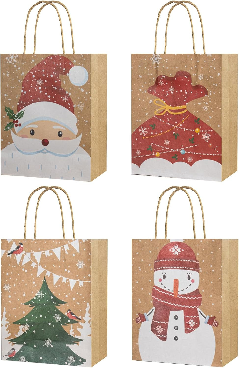 12PCS Kraft Christmas Paper Bags with Handles, 23X18X10Cm Jute Brown, 4 Festive Designs for Holiday Party Favours, Gift Wrapping & Xmas Decor