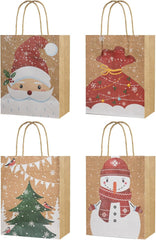 12PCS Kraft Christmas Paper Bags with Handles, 23X18X10Cm Jute Brown, 4 Festive Designs for Holiday Party Favours, Gift Wrapping & Xmas Decor