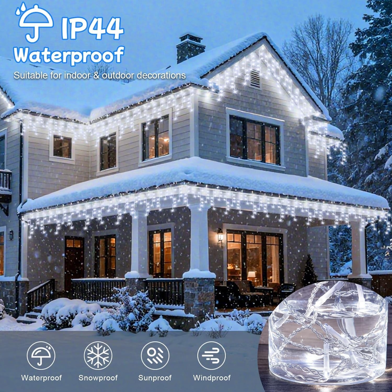 Icicle Lights Outdoor, 15M 360Leds Icicle Christmas Lights Mains Powered with Timer & Waterproof &Memory Hanging Fairy Light for outside House Gutter Roof Wall Xmas Decorations-Cool White