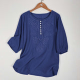 Artistic Retro Loose Design Embroidered Crew Neck Thin Cotton And Linen Women's Top