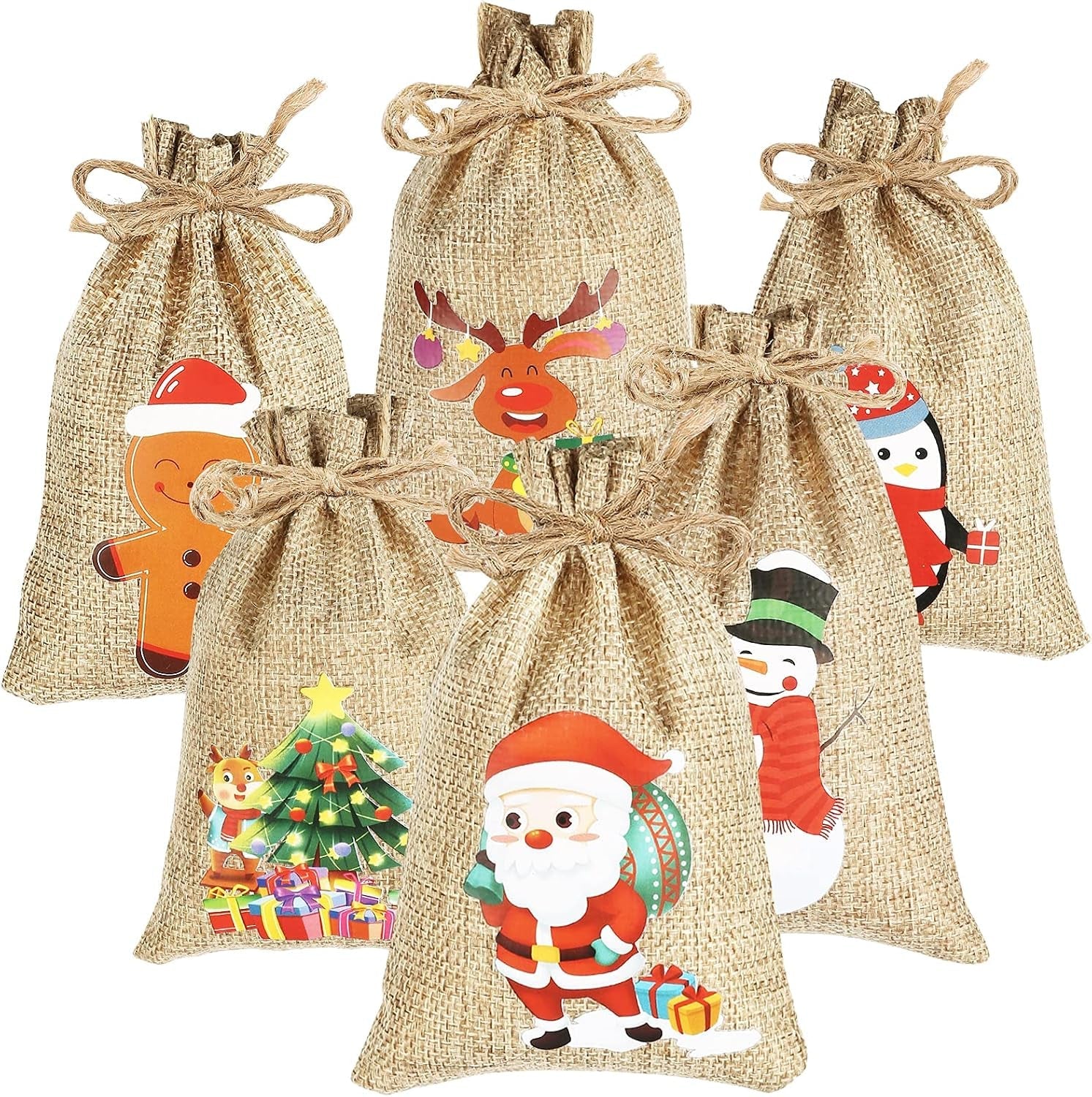 24Pcs Christmas Jute Burlap Bags, Xmas Jute Linen Burlap Drawstring Gift Candy Pouch Snack Sack Craft Goodie Bags for Kids Xmas Party Favors