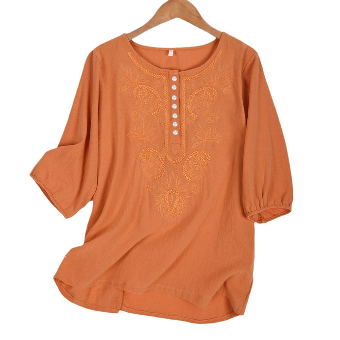 Artistic Retro Loose Design Embroidered Crew Neck Thin Cotton And Linen Women's Top
