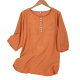 Artistic Retro Loose Design Embroidered Crew Neck Thin Cotton And Linen Women's Top