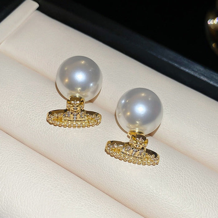 Silver needle zircon Saturn pearl earrings