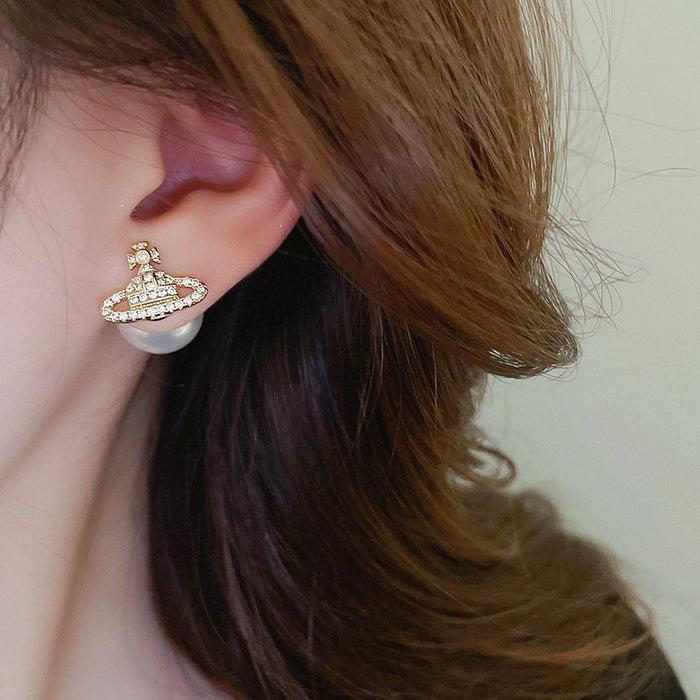 Silver needle zircon Saturn pearl earrings