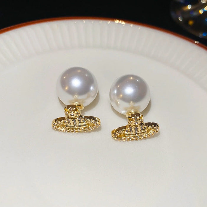 Silver needle zircon Saturn pearl earrings