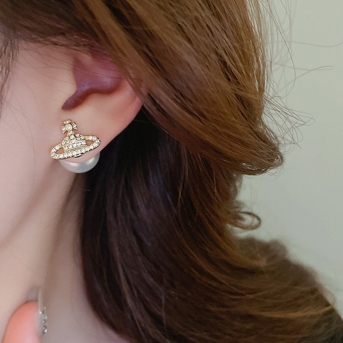 Silver needle zircon Saturn pearl earrings