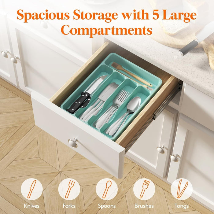 Cutlery Drawer Organiser, Plastic Cutlery Tray for Kitchen Drawer, Utensil Flatware Silverware Holder Divider for Spoons Forks Knives Tableware, 5 Compartment, Turquoise