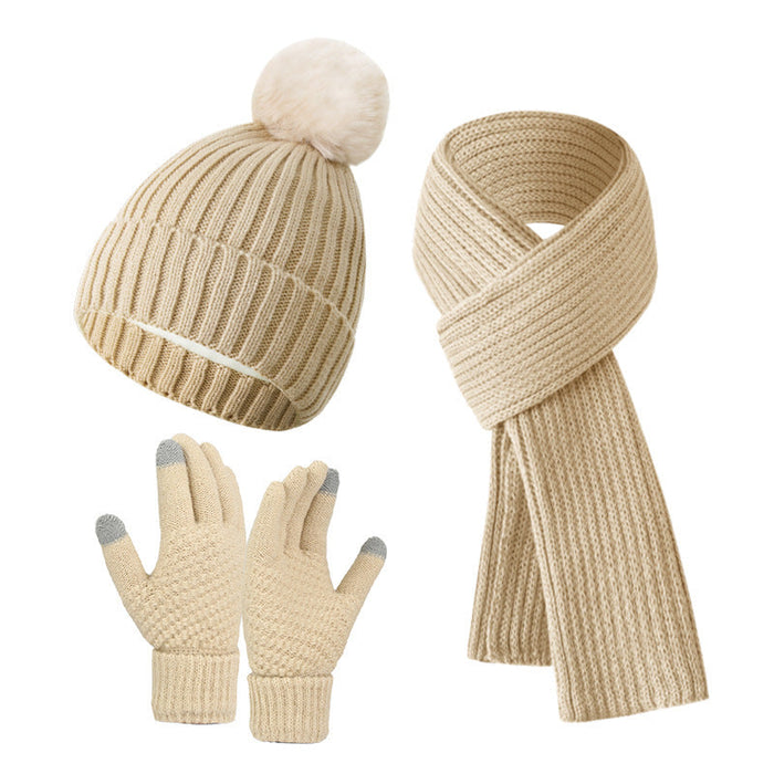 Solid Color Woven Hat Scarf And Gloves Warm Set