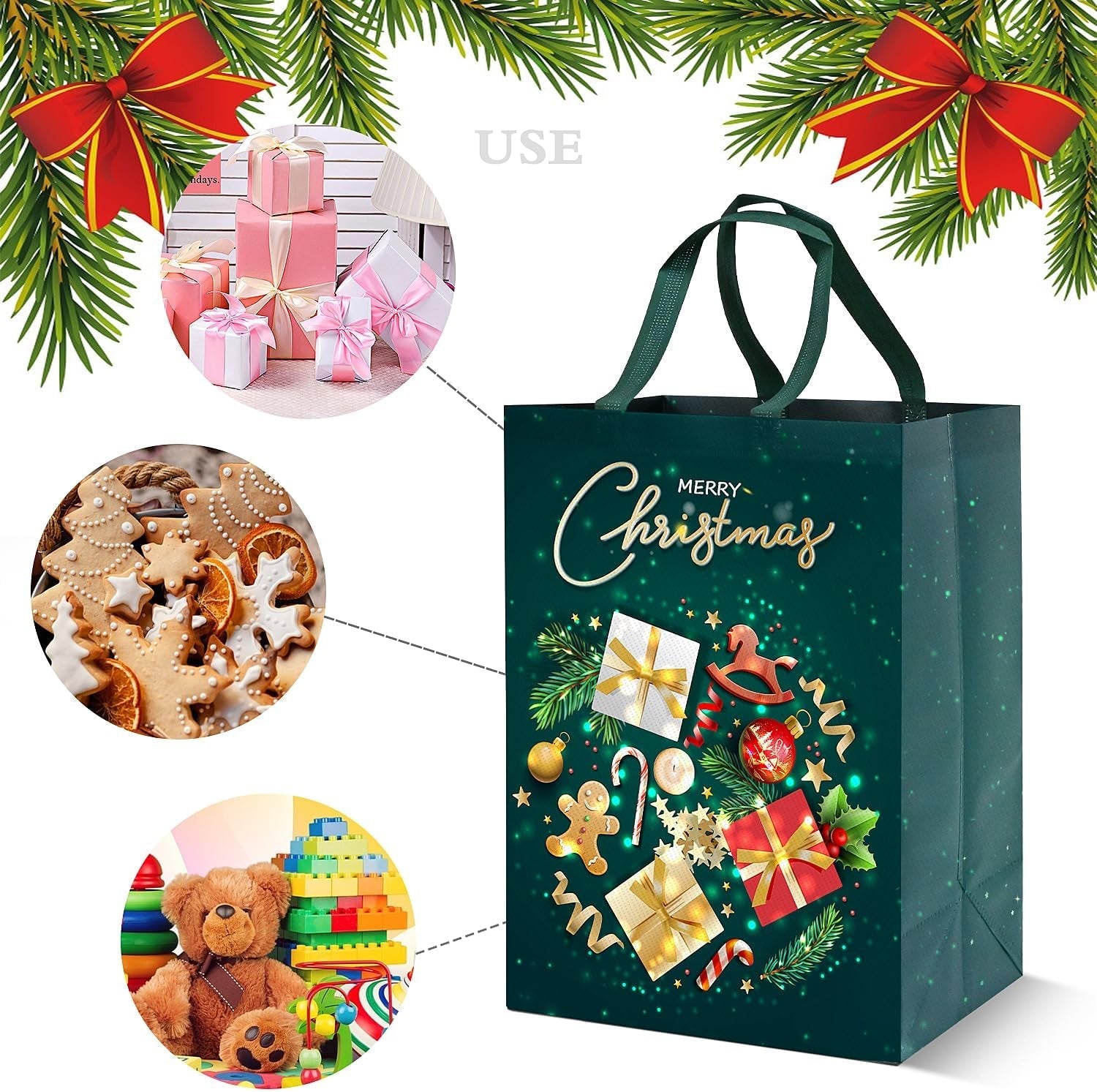 Large Christmas Gifts Bags 4Pcs,41 * 30 * 18 Christmas Presents Bags,Gold Green Xmas Bags for Presents