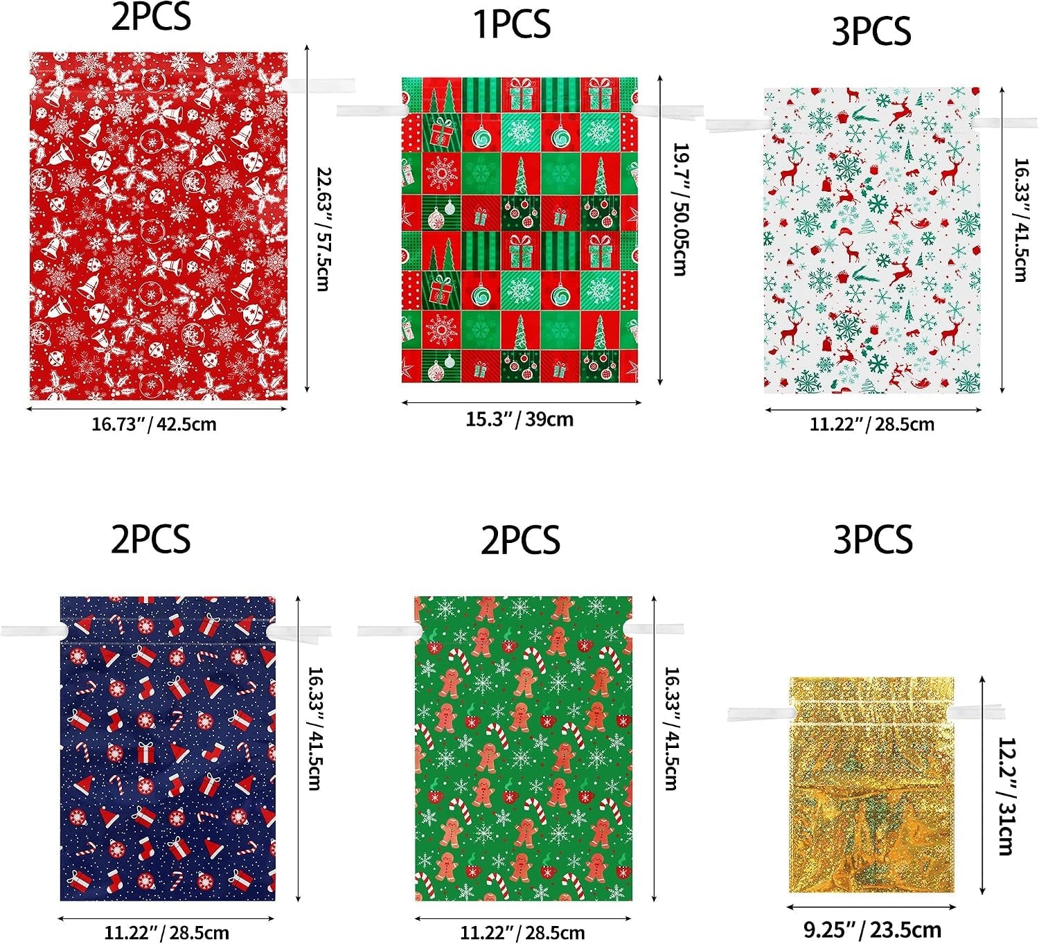 13Pcs Christmas Drawstring Gift Bags, Xmas Wrapping Bags with 6 Patterns Design, 4 Sizes Large Multipack Gift Bags, Reusable Candy Bag with String for Christmas Presents Birthday Party