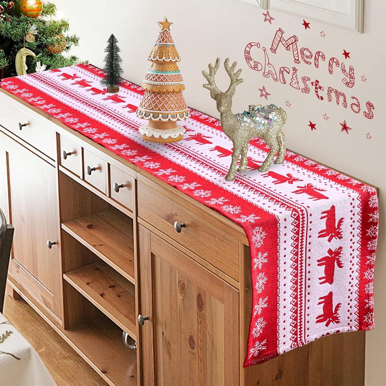Christmas Table Runner, Red Modern Christmas Decorations with Christmas Reindeer and Snowflakes Xmas Pattern, Kitchen Dining Table Decoration for Home Party Decor, Winter Holiday, 35X180 Cm