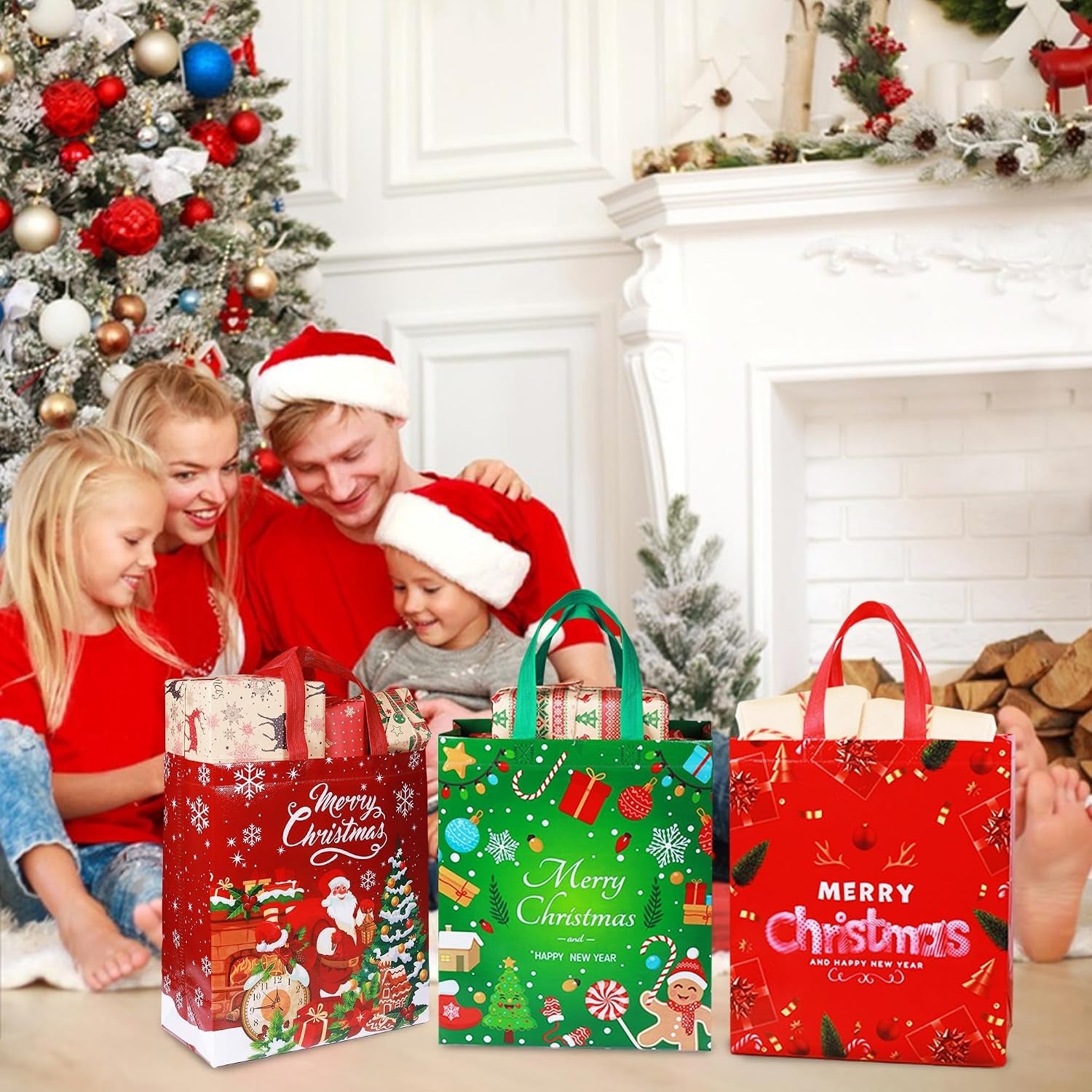8PCS Large Christmas Tote Bags, Reusable Xmas Tote Bags Waterproof Christmas Presents Bags, Multifunctional Non-Woven Christ-Mas Bags for Xmas Gift Wrapping Shopping Party Supplies