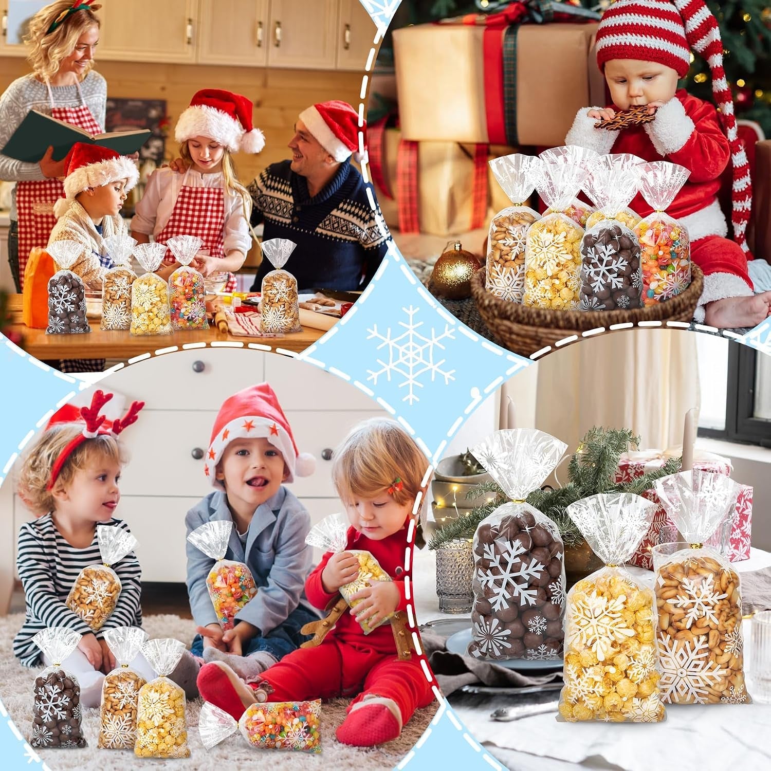 100 Pieces Christmas Snowflake Cellophane Bags, Xmas Snowflake Clear Candy Bags with Metallic Twist Ties for Winter Christmas Party Snowflakes Birthday Supplies