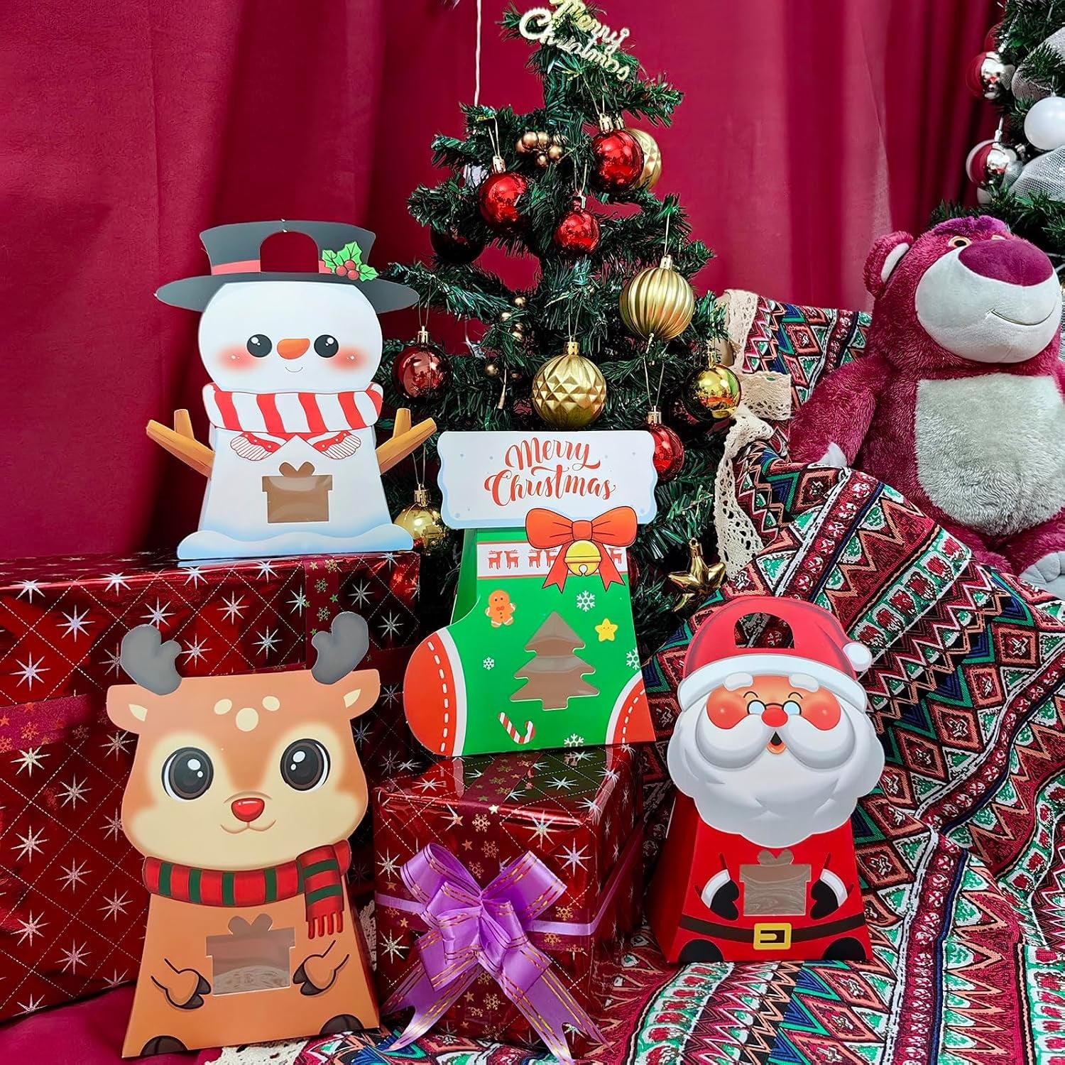 30 PCS Gift Bags with Handles for Christmas, Paper Candy Treat Boxes with Window，Xmas Party Goodie Treat Bags with Stickers for Kids Winter Birthday，Christmas Party Favor Supplies