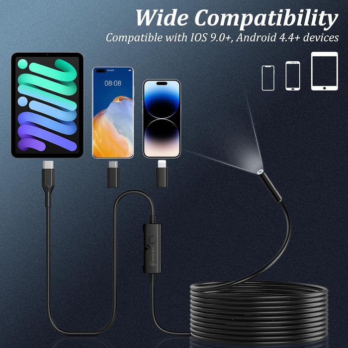 Endoscope Inspection Camera,  1920 HD Flexible Rigid Snake Camera, 8 LED Lights No Wifi Snake Camera Waterproof IP67 Tube Sink Pipe Drain Camera for Android Ios Tablet Samsung (16.4 Ft/ 5M)