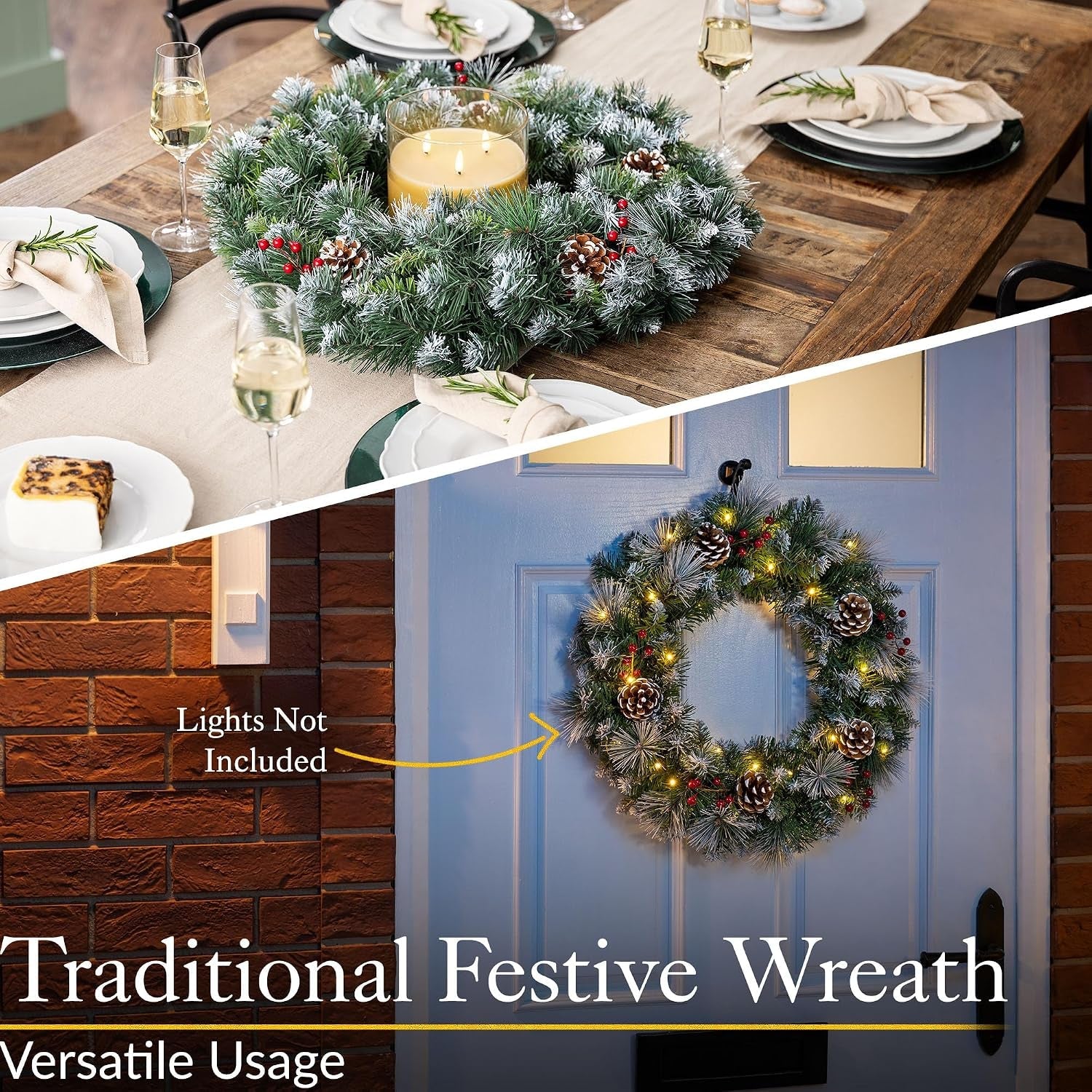 Flocked Christmas Wreath with Pinecones & Berries, 60Cm