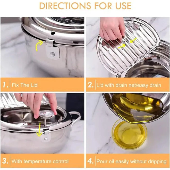 Japanese Style Deep Fryer Stainless Steel with Thermometer and Basket and Lid Kitchen Tempura Fry Pan Deep Fry Kitchenware