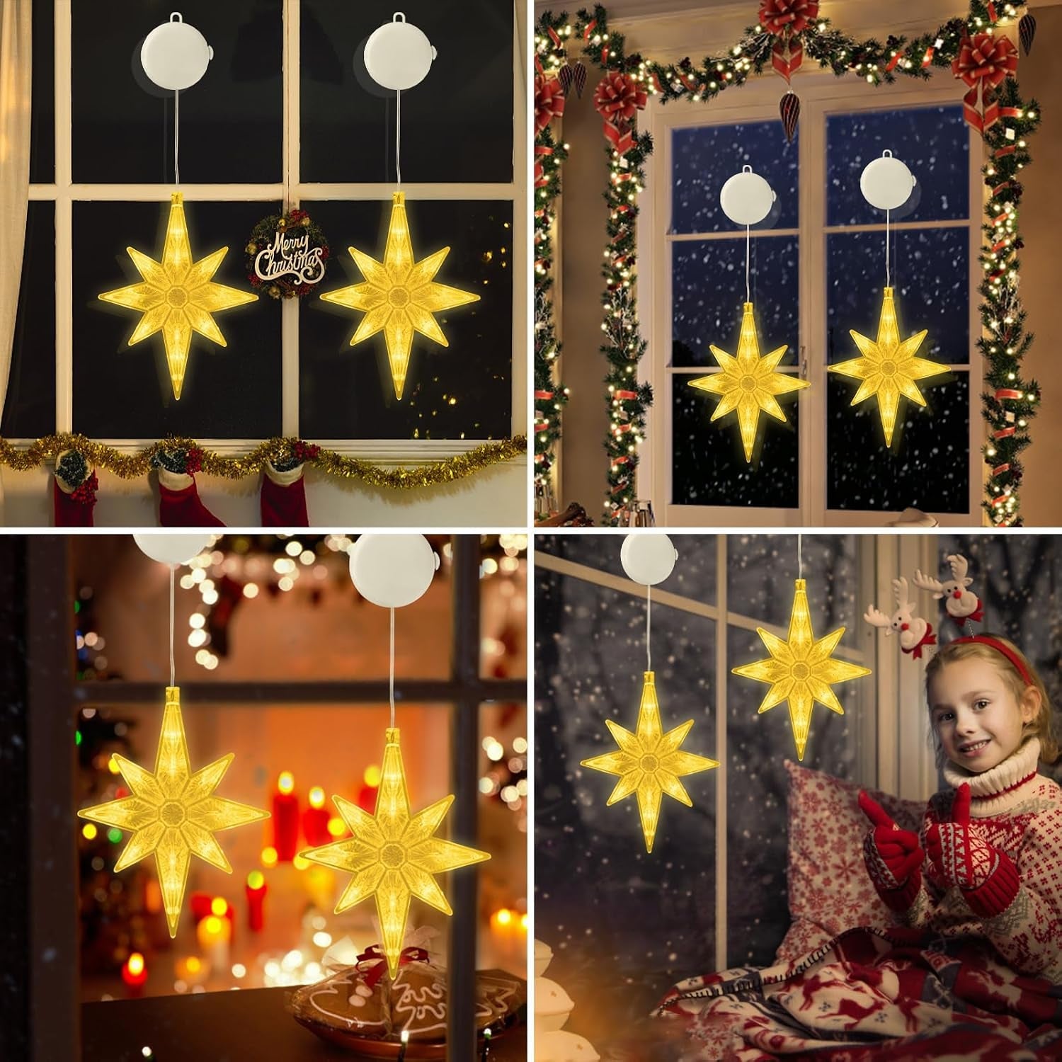 2 Pack LED Star Christmas Lights, Window Star Lights with Timer & Suction Cups, Indoor Outdoor Star Window Lights for Christmas Decorations, Weddings & Home Décor