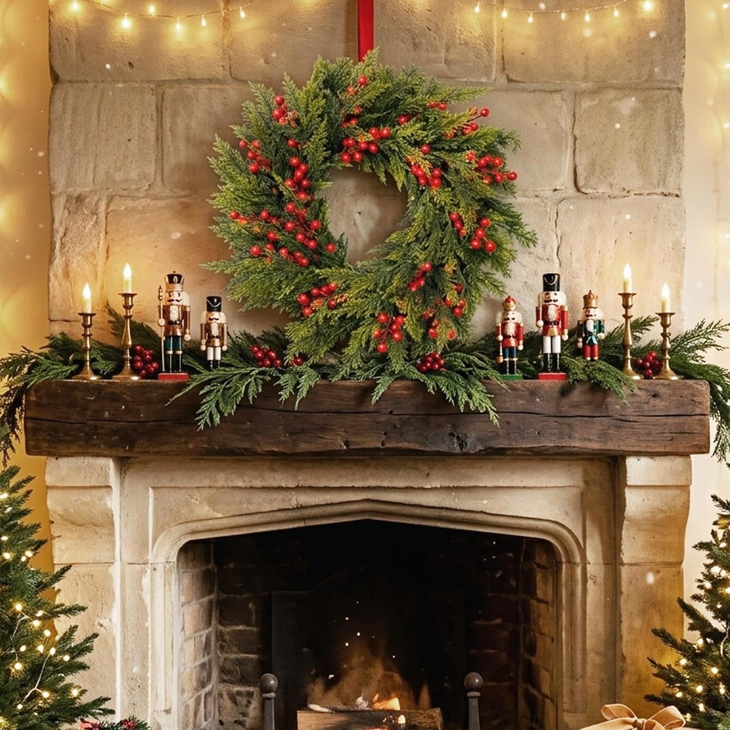 Large Christmas Wreath for Front Door 60 Cm (24 Inches), Artificial Fir Wreath with Red Berries, Pine Cones & Bow, Classic Advent Wreath for Wall & Door Decoration