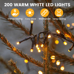 20M 200Leds Christmas Tree Lights on Dark Green Cable with Various Light Effects, Ideal for Christmas Tree,Xmas,Party,Wedding (Warm White)