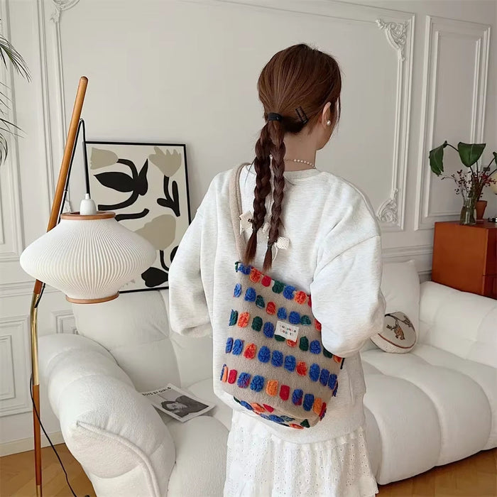Color Plush Dots Women'S Bento Handbags Retro Design Female Fluffy Bucket Bags Large Capacity Shoulder Bag Purse Casual Tote