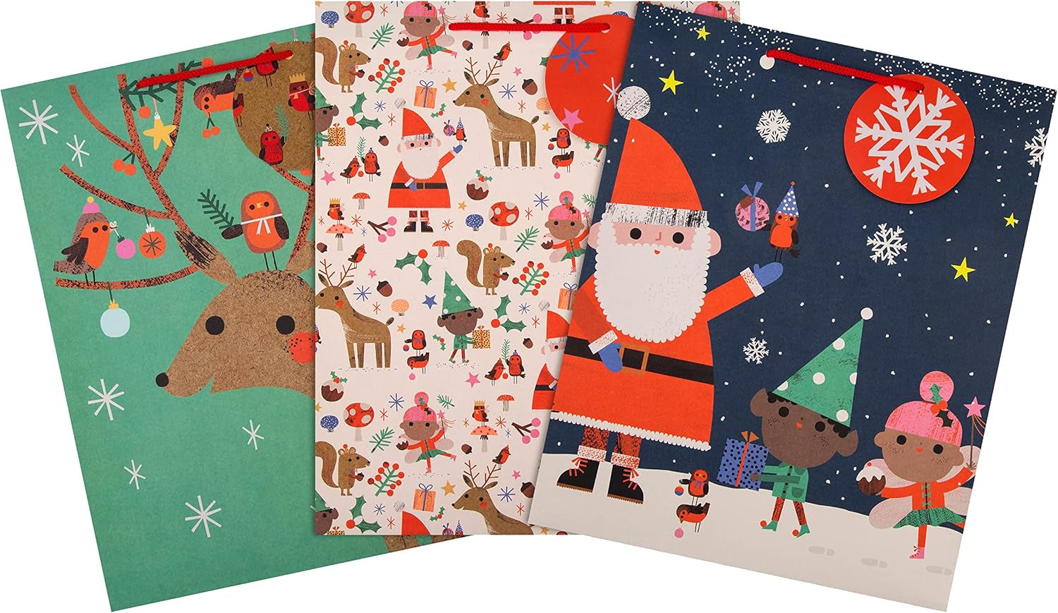 Gift Bags, Santa & Reindeer Designs, Large, 3-Pack, Christmas