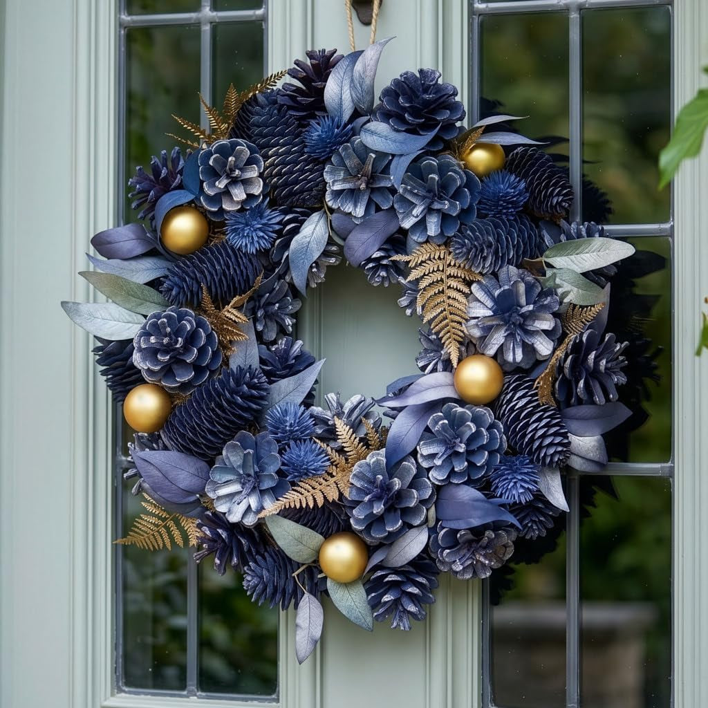 Christmas Wreath Blue Pine Cone Wreath with Gold Leaf & Bauble Decorations