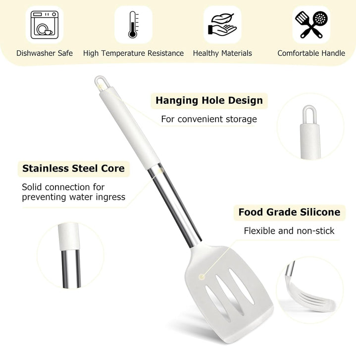 Kitchen Utensils Set, 6 Pcs Silicone White Cooking Utensils Include Ladle Turner Spoon Pasta Server, Heat Resistant Kitchen Tools with Stainless Steel Handle, Non-Stick Cookware Friendly