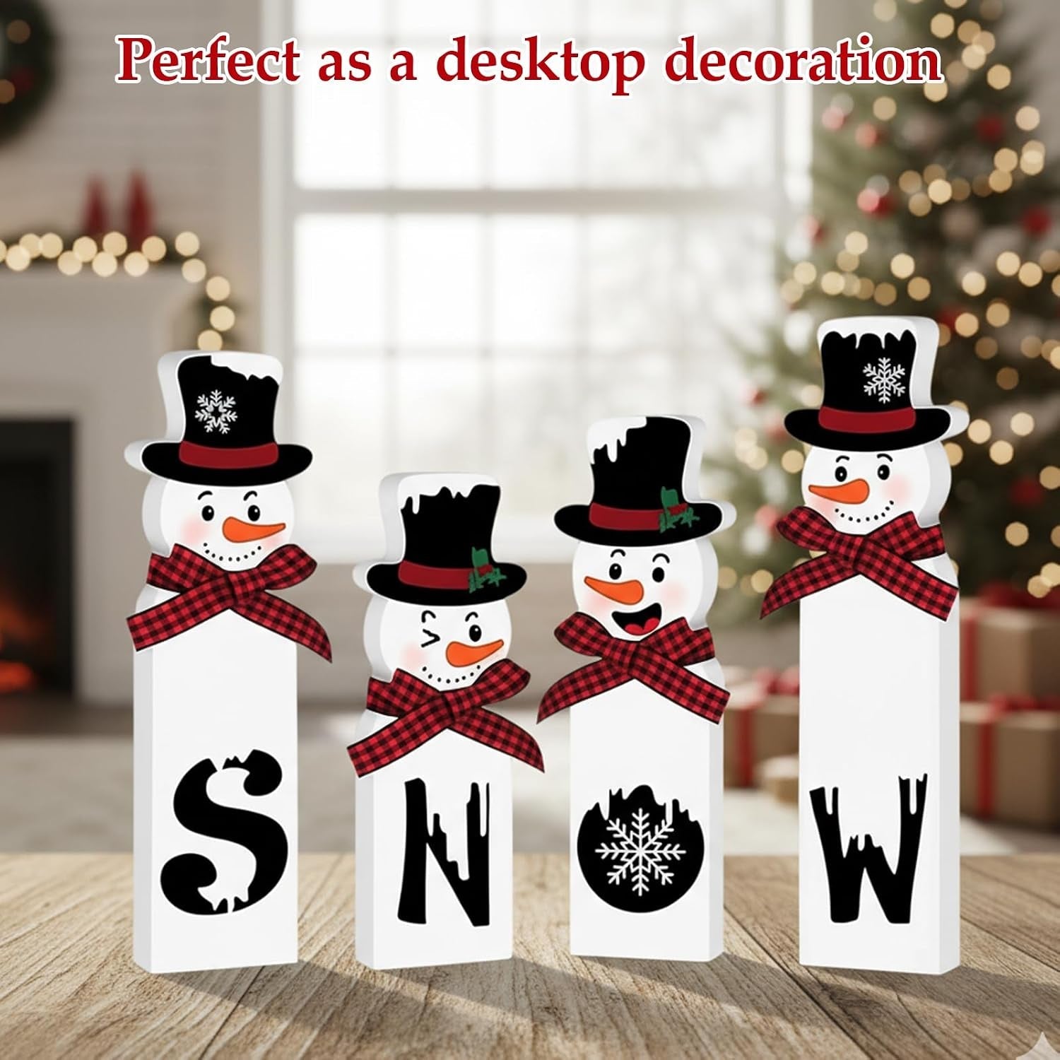 Christmas Decorations, Set of 4 Snowman Tabletop Decor, Traditional Indoor Xmas Decorations, 15 Cm Festive Holiday Centerpiece for Home and Kitchen