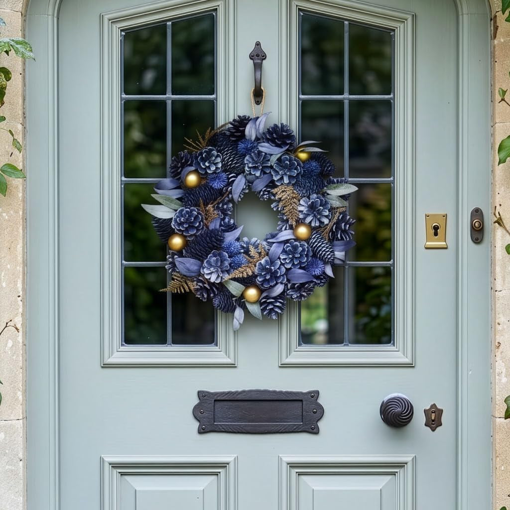 Christmas Wreath Blue Pine Cone Wreath with Gold Leaf & Bauble Decorations