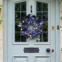Christmas Wreath Blue Pine Cone Wreath with Gold Leaf & Bauble Decorations