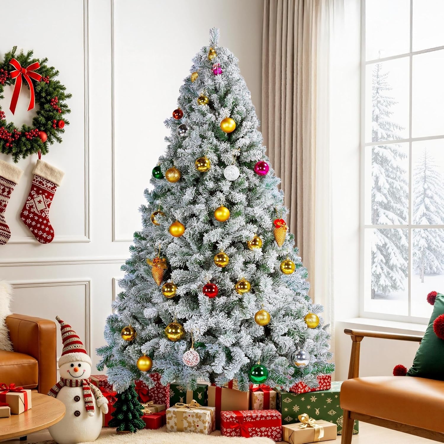 7.5Ft Snow Flocked Artificial Tree, Foldable Stand, Green & White