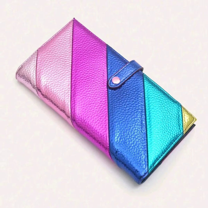 Women'S Fashion Elegant PU Leather Long Wallet Colorful Stripe Stitching Zipper Pocket Card Holder, Bifold