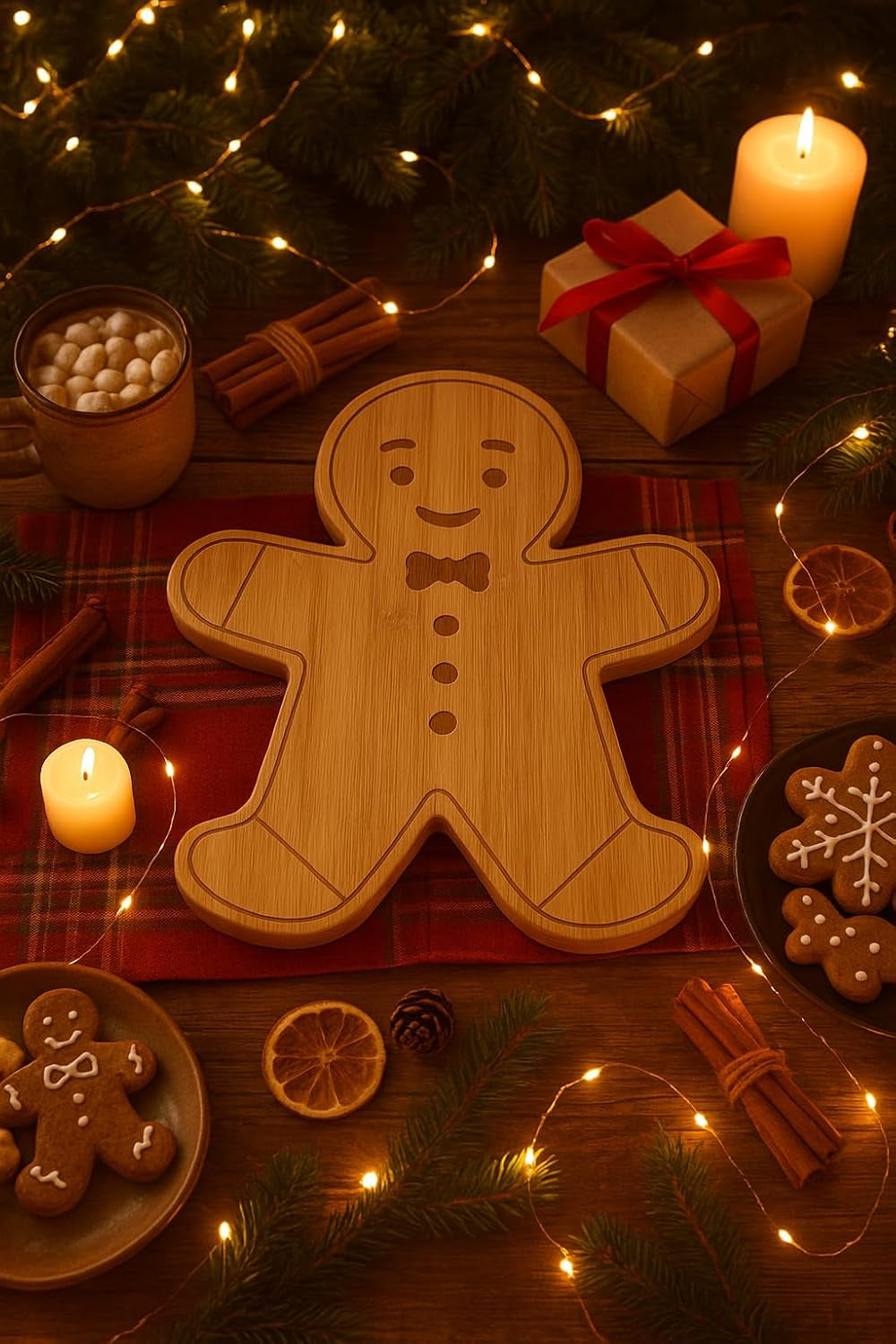Eboutk - Christmas Gingerbread Man Bamboo Holiday Serving Board - Festive Decorative Cookie, Cheese, Charcuterie Platter - Xmas Kitchen Decor
